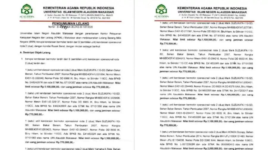 UIN Alauddin Makassar Laksanakan Lelang 9 Unit Kendaraan Operasional BMN, Nilai Limit Rp11,2 Juta