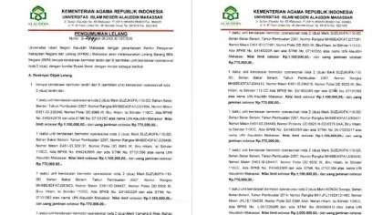UIN Alauddin Makassar Laksanakan Lelang 9 Unit Kendaraan Operasional BMN, Nilai Limit Rp11,2 Juta