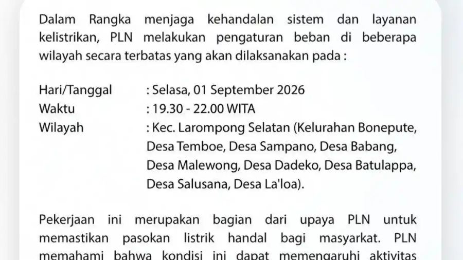 Luwu Mati Lampu Malam Ini, Pemadaman Dibagi Dua Sesi
