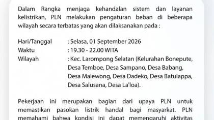 Luwu Mati Lampu Malam Ini, Pemadaman Dibagi Dua Sesi