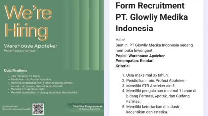 Lowongan Kerja Kendari, Klinik Glowliy Buka Loker Warehouse Apoteker, Cek Syarat dan Link Daftar