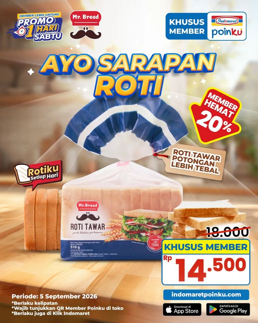 Promo Indomaret Hari Ini 5 September 2026, Roti Tawar 510g Cuma Rp 14.500