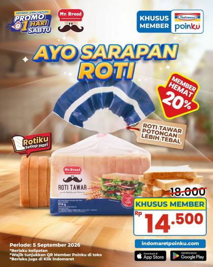 Promo Indomaret Hari Ini 5 September 2026, Roti Tawar 510g Cuma Rp 14.500