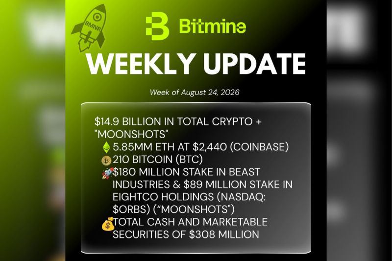 Bitmine Immersion Technologies (BMNR) Umumkan Kepemilikan ETH 5,85 Juta Token serta Total Kripto dan Kas $14,9 Miliar