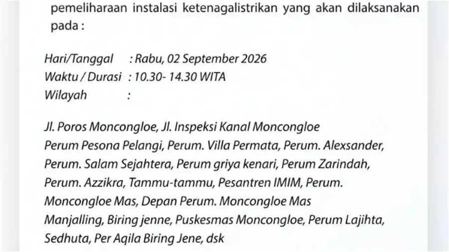 Daftar Wilayah Moncongloe Maros Mati Lampu Hari ini, Termasuk Puskesmas