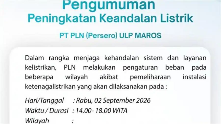 Jadwal Listrik Padam 4 Jam di Mandai Maros Hari ini, Perumahan hingga Pesantren Terdampak