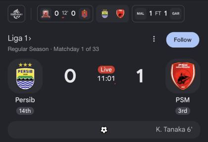 LIVE! PSM Makassar Unggul 1-0 atas Persib, Kodai Tanaka Cetak Gol Menit ke-6