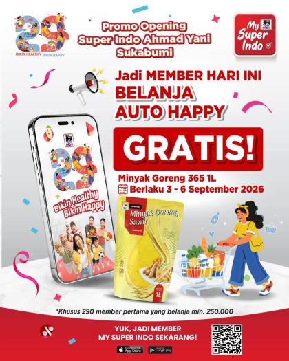 Promo Super Indo Sukabumi 3-6 September 2026, Gratis Minyak Goreng 365 1L untuk 290 Member