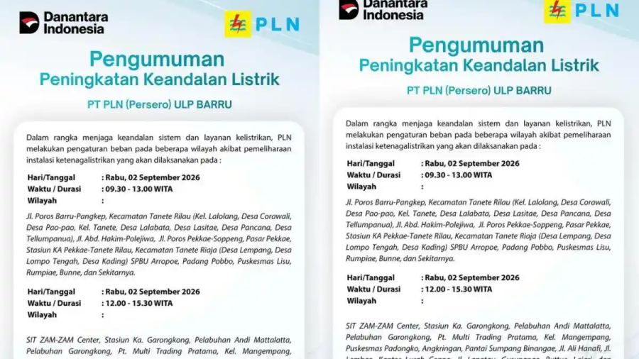 Mati Lampu hingga 4 Jam di Barru Hari Ini Rabu 2 September 2026, Cek Daftar Wilayah Terdampak
