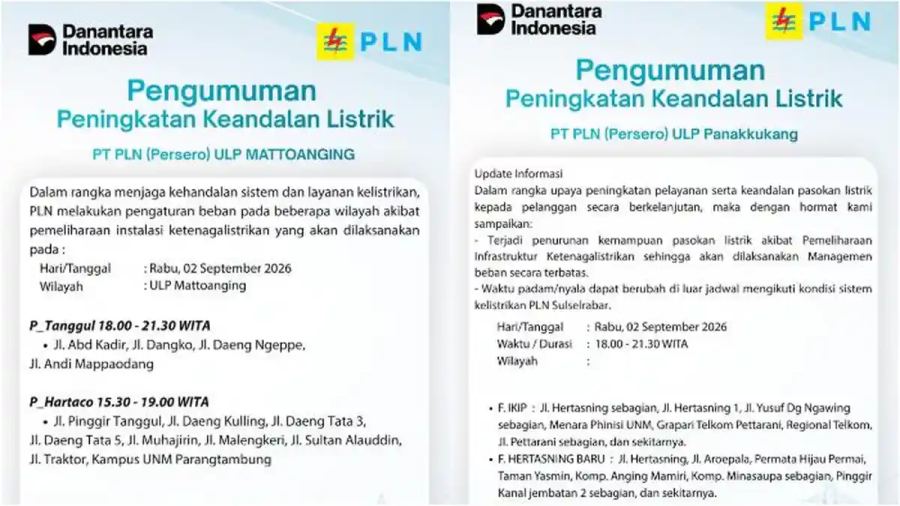 Listrik Makassar Padam Malam Ini: Perumnas Antang, Hertasning hingga Malengkeri Terdampak