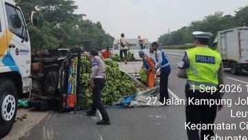 Mobil Pikap Angkut Pisang Terbalik di Tol Jagorawi, Sopir Terluka