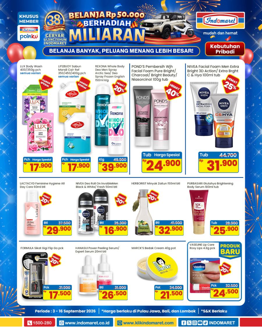 Promo Hemat Indomaret 3-16 September 2026, Harga Spesial Produk Perawatan Tubuh